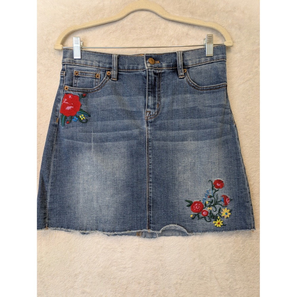 J.Crew Denim Mini Skirt Women's 4 Blue Floral Embroidered Raw Hem